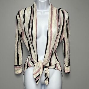 Elaua Kattau Made In USA Linen Blend Y2K Sheer Open Front Striped Cardigan Sz XS